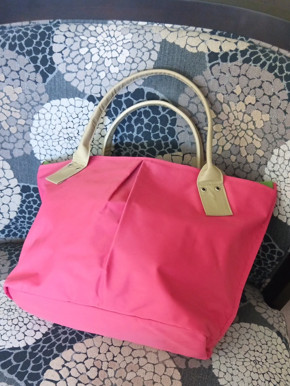 18x12x6" Waterproof Hot Pink & Apple Green 🏖️ Beach Tote Bag with Tan Handles - Picture 6 of 13